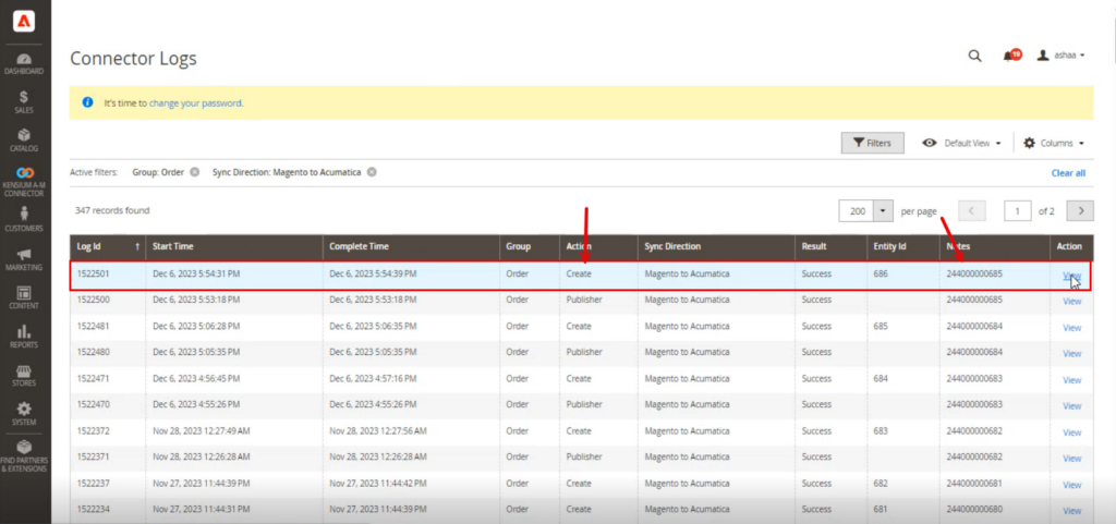 Connector Log shows Order created successfully